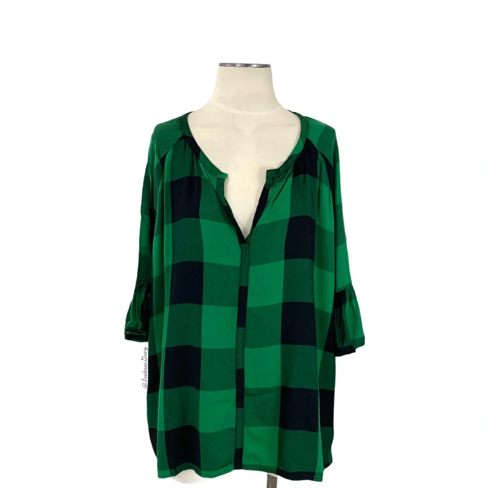 Zara- Green Black Plaid Top Size Medium